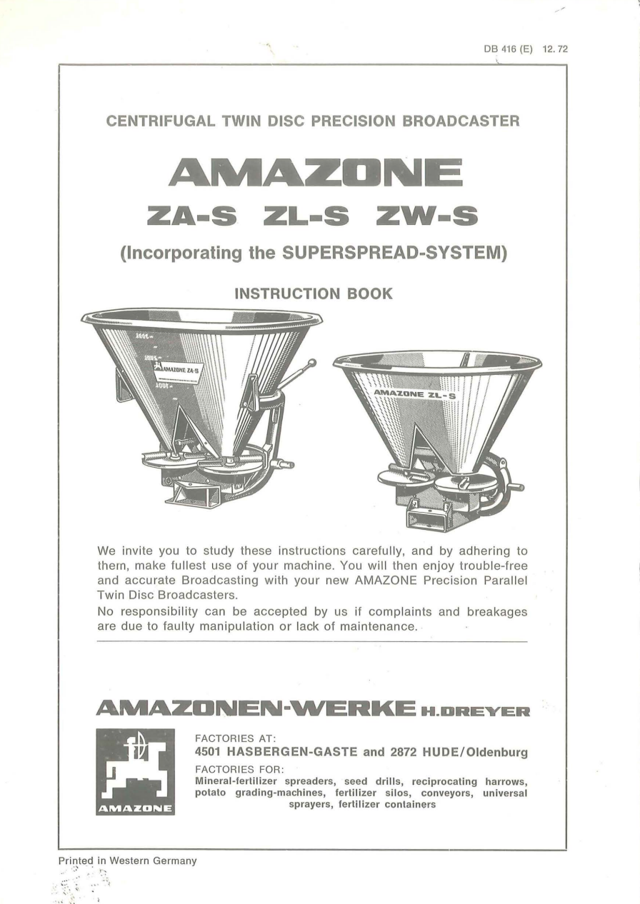 Amazone ZA-S / ZL-S / ZW-S Centrifugal Twin Disc Spreader Instruction Manual (DB416)