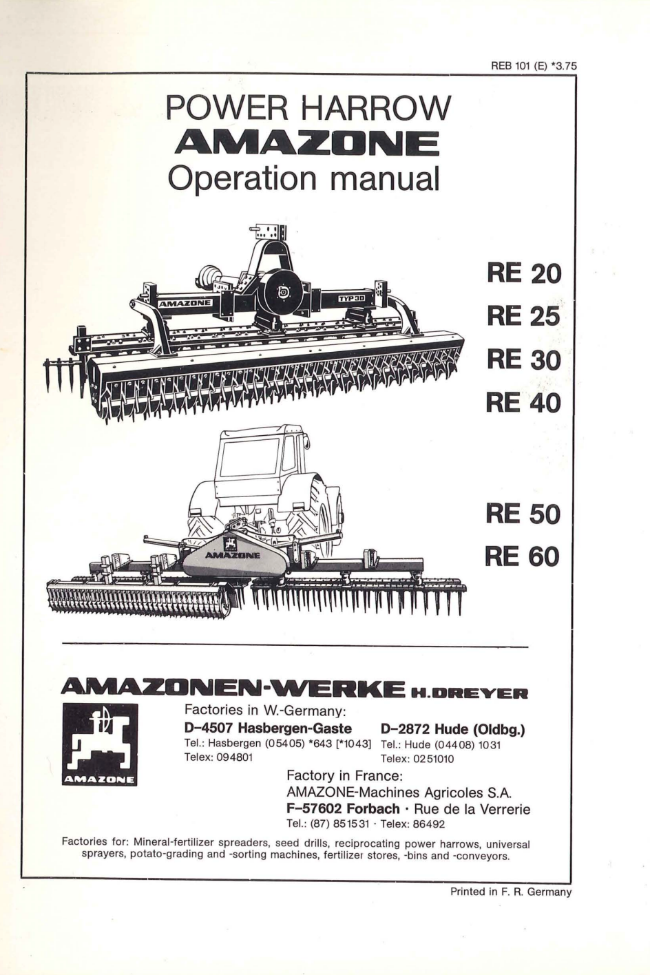 Amazone RE Series Power Harrow Operation Manual (REB 101)