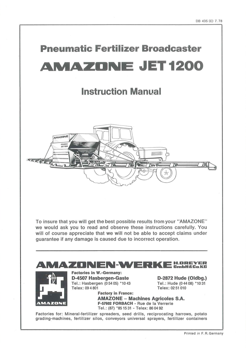 Amazone JET 1200 Pneumatic Fertiliser Spreader Instruction Manual – PDF Download