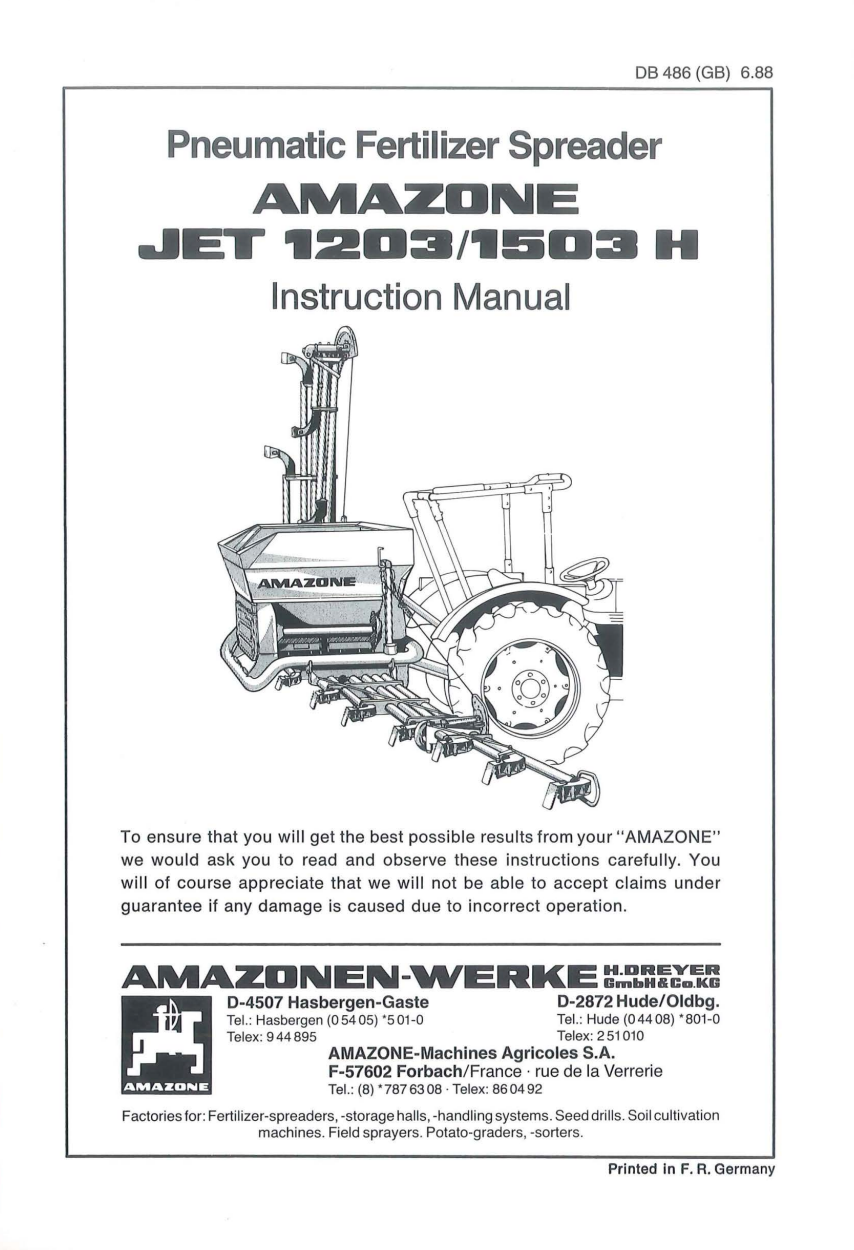 Amazone JET 1203 / 1503 H Pneumatic Fertiliser Spreader Manual (DB486)