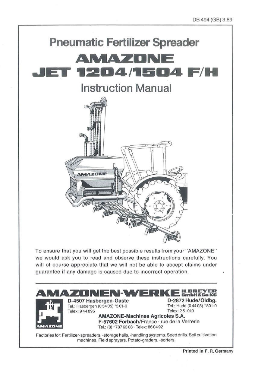 Amazone JET 1204 / 1504 F & H Pneumatic Fertilizer Spreader Instruction Manual (PDF Download)
