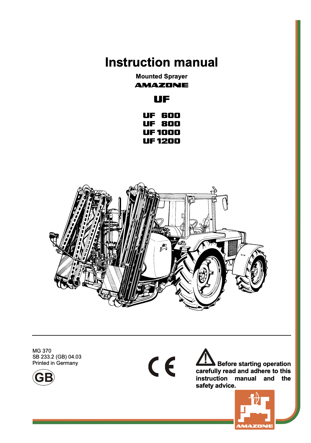 Amazone UF 600/800/1000/1200 Mounted Sprayer MG 370 Instruction Manual PDF