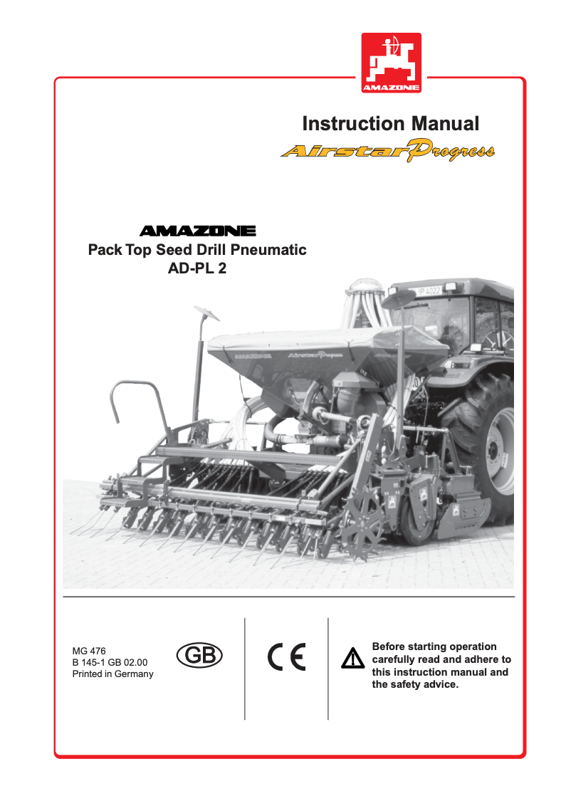 Amazone AD-PL 302 Pack Top Seed Drill Operator Manual (PDF Download)