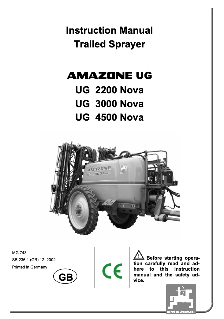 Amazone UG Nova 2200 / 3000 / 4500 Nova Trailed Sprayer Instruction Manual (MG 743)