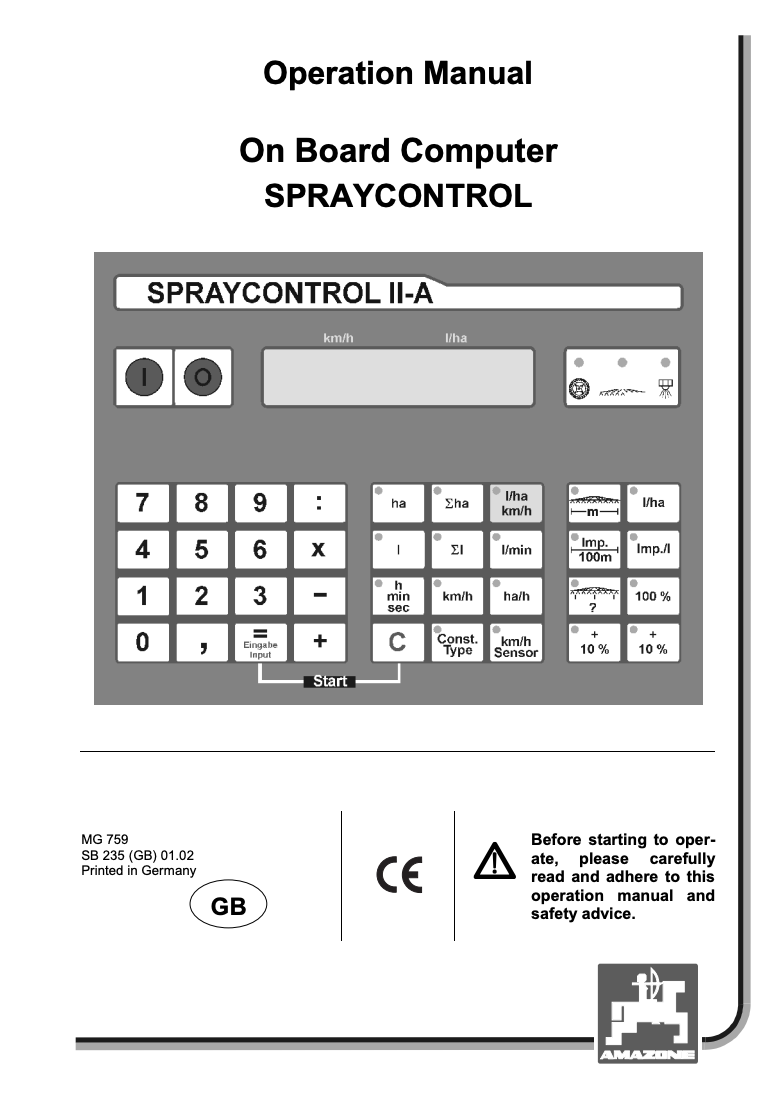 Amazone SprayControl II-A MG 759 Operation Manual – Field Boom Sprayer Computer