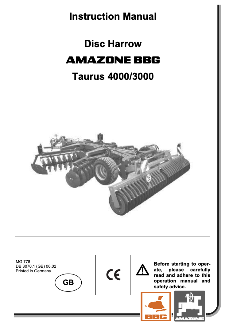 Amazone Taurus 3000 / 4000 Disc Harrow Operator’s Manual (PDF)