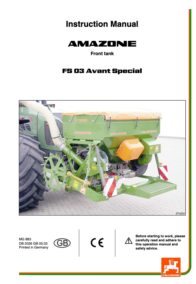 Amazone FS 03 Avant Special Front Tank Instruction Manual (MG 883)