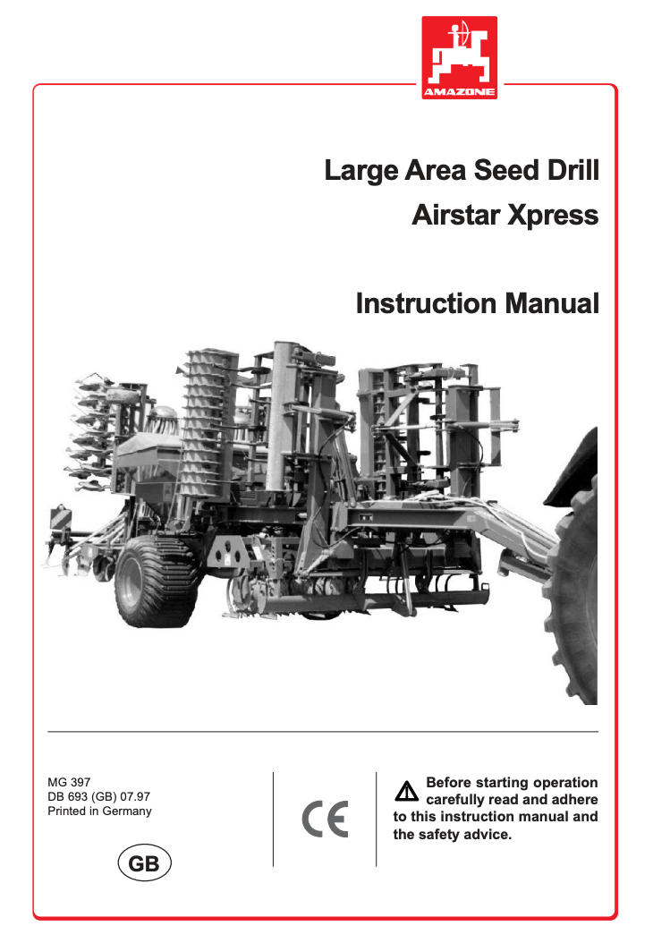Amazone Airstar Xpress MG 397 Large Area Seed Drill Instruction Manual (PDF)