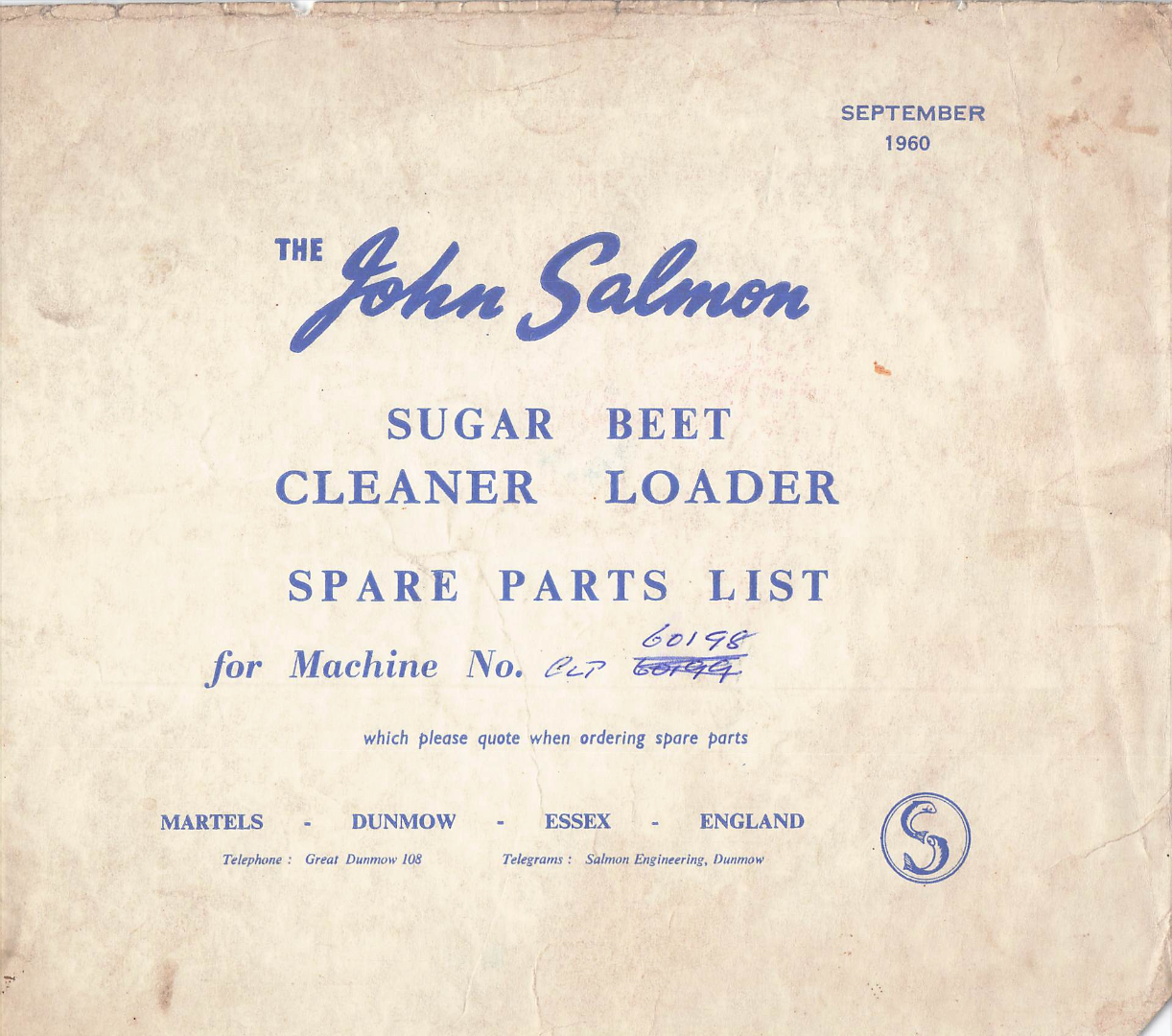 John Salmon Sugar Beet Cleaner Loader – Spare Parts Manual (1960 Edition)