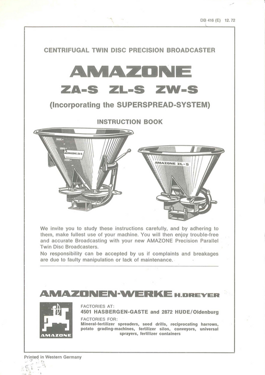 Amazone ZA-S / ZL-S / ZW-S Centrifugal Twin Disc Spreader Instruction Manual (DB416)