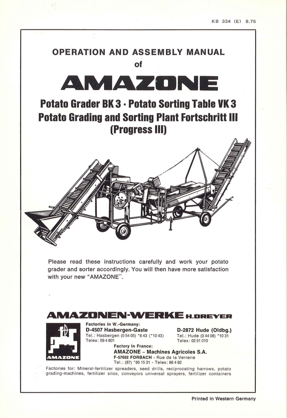 Amazone BK 3 Potato Grader & Fortschritt III Sorting Table Manual (KB 334)