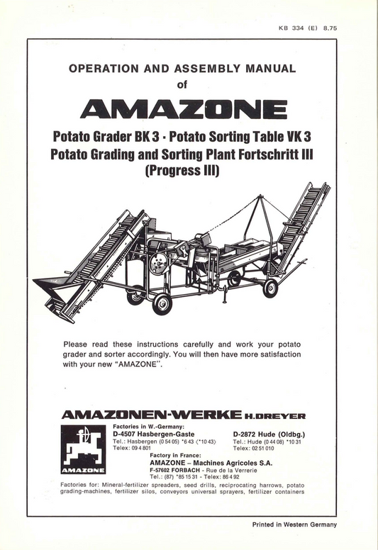 Amazone BK 3 Potato Grader & Fortschritt III Sorting Table Manual (KB 334)