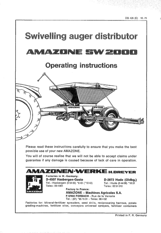 Amazone SW2000 Schneckenwagen (DB426) Operator’s Manual – Fertiliser Auger Distributor