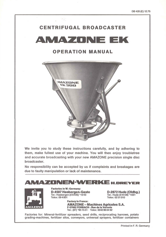 Amazone EK 300 Centrifugal Broadcaster Operator’s Manual (DB420)
