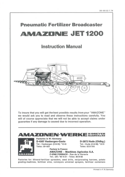 Amazone JET 1200 Pneumatic Fertiliser Spreader Instruction Manual – PDF Download