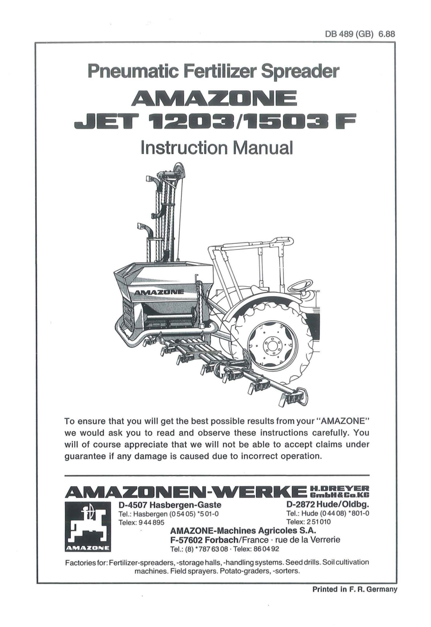 AMAZONE JET 1203 F & 1503 F Pneumatic Fertiliser Spreader Instruction Manual (PDF Download)