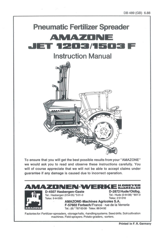 AMAZONE JET 1203 F & 1503 F Pneumatic Fertiliser Spreader Instruction Manual (PDF Download)