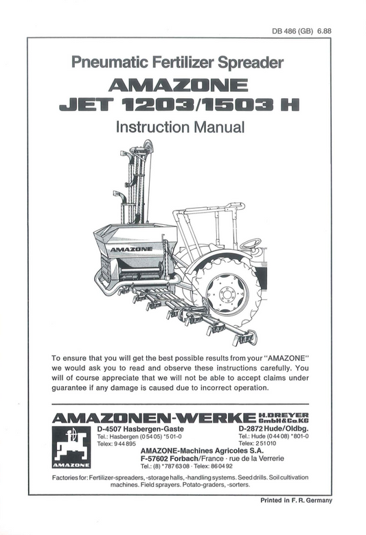 Amazone JET 1203 / 1503 H Pneumatic Fertiliser Spreader Manual (DB486)