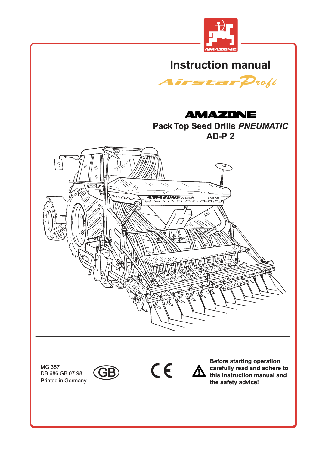 Amazone AD-P 302 / 402 / 452 Pneumatic Pack Top Seed Drill Manual – Setup, Calibration & Maintenance Guide (MG357)