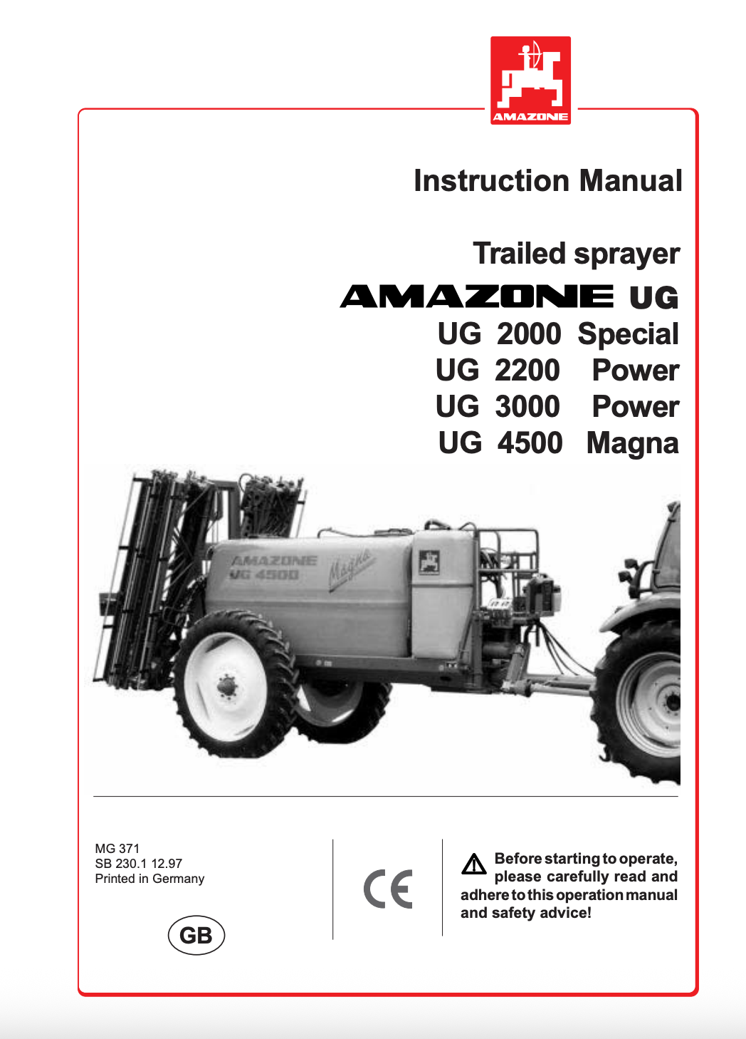 Amazone UG Trailed Field Sprayer Operator’s Manual – UG 2000, UG 2200, UG 3000, UG 4500 Magna