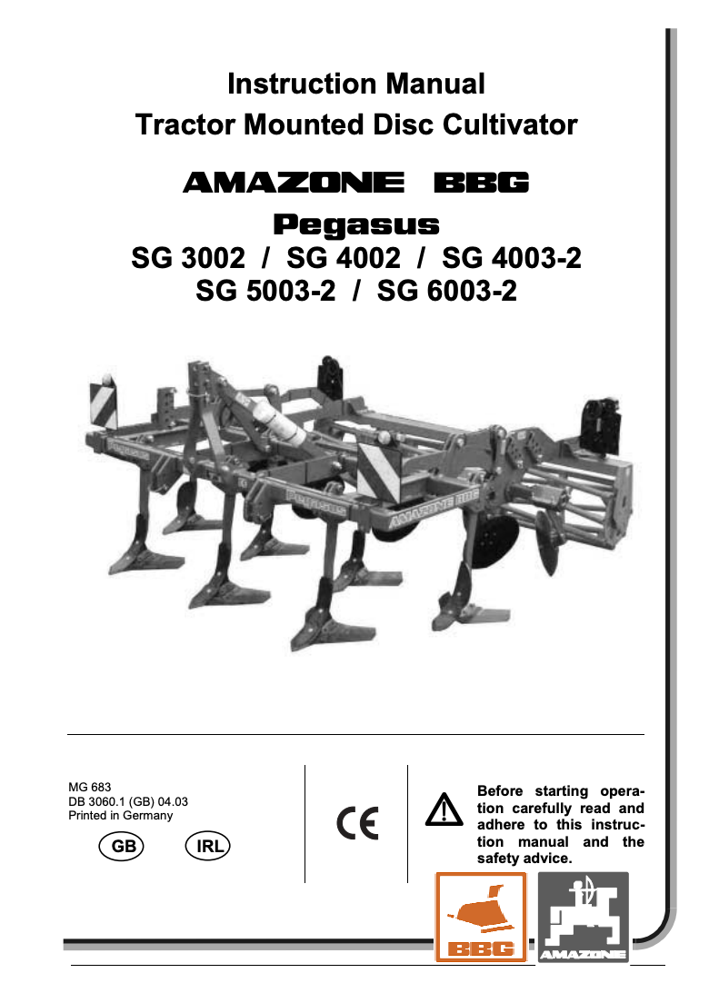 Amazone Pegasus SG Series Disc Cultivator Instruction Manual (SG 3002, 4002, 4003-2, 5003-2, 6003-2)