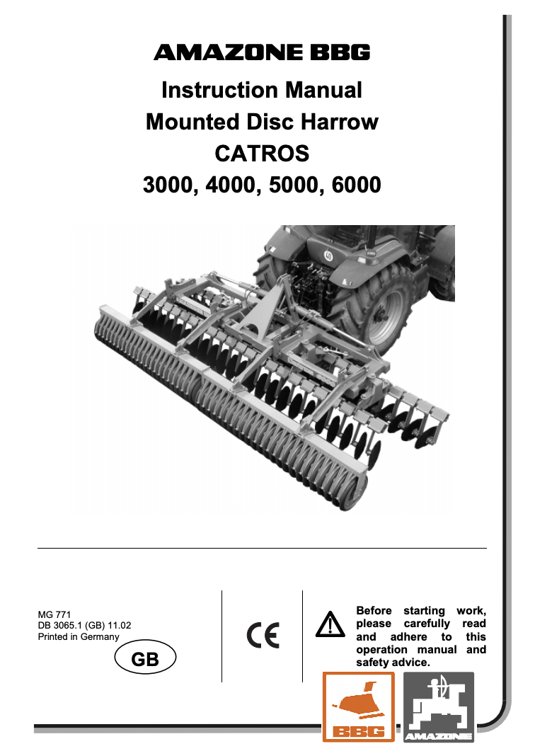 Amazone Catros 3000–6000 Mounted Disc Harrow Operator Manual (MG 771)