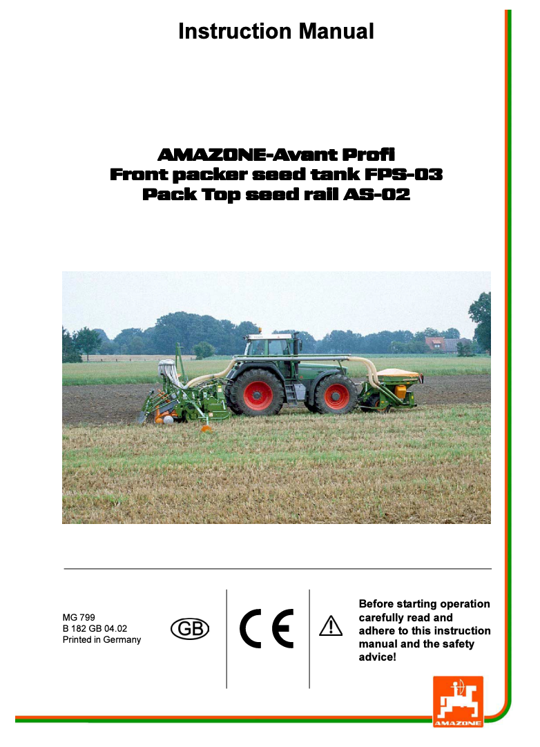 Amazone FPS 103 / FPS 203 & AS Seed Rail Operator Manual (MG799)