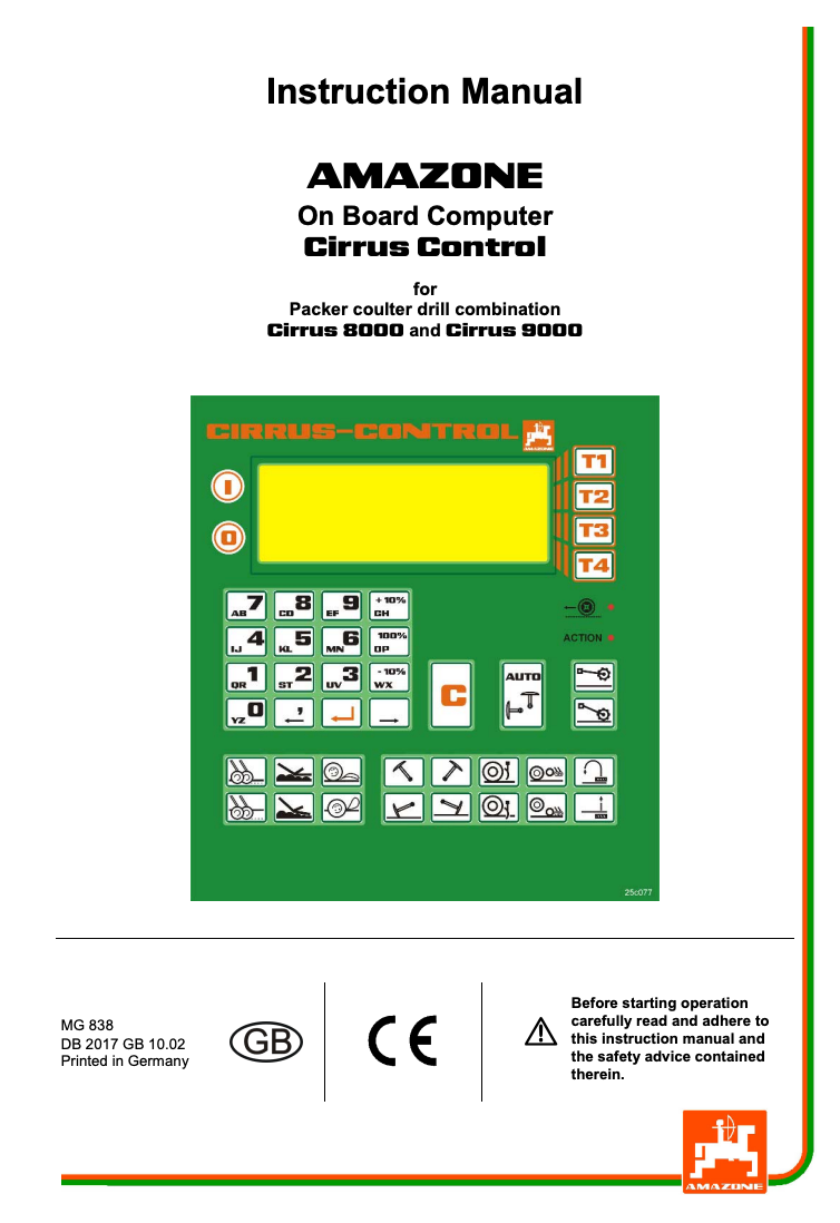 Amazone Cirrus 8000 & 9000 Drill Combination Cirrus-Control Computer Manual