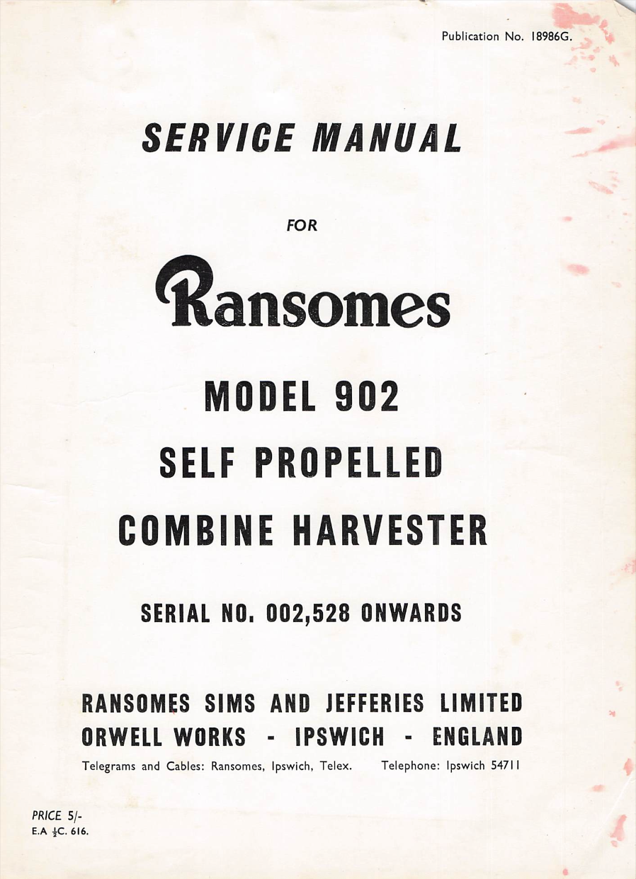 Ransomes Model 902 Self Propelled Combine Harvester – Full Service Manual (PDF)