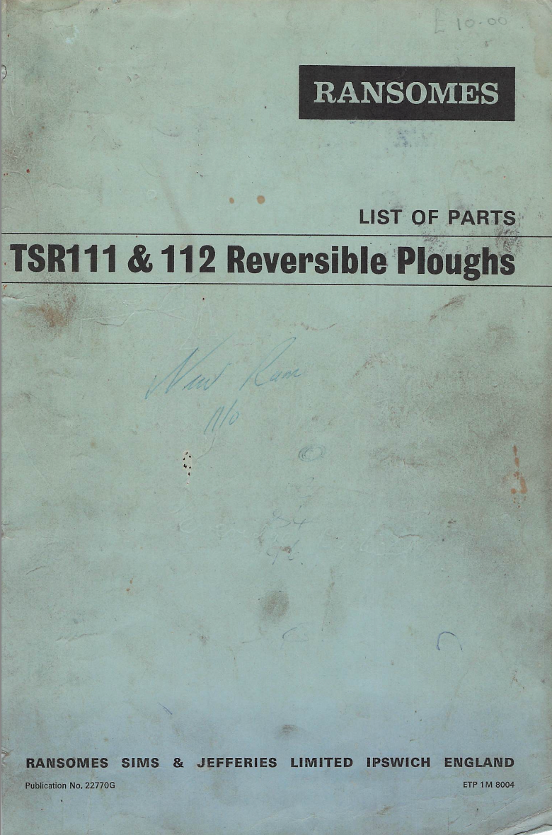 Ransomes TSR111 & TSR112 Reversible Plough Spare Parts Manual – PDF Download