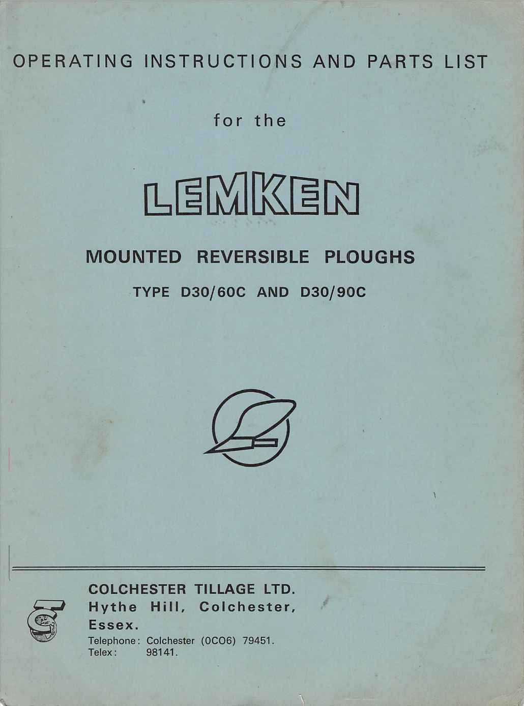 Lemken Mounted Reversible Ploughs D30/60C & D30/90C Operating Instructions & Parts List Manual (PDF)