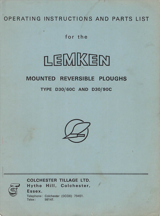 Lemken Mounted Reversible Ploughs D30/60C & D30/90C Operating Instructions & Parts List Manual (PDF)