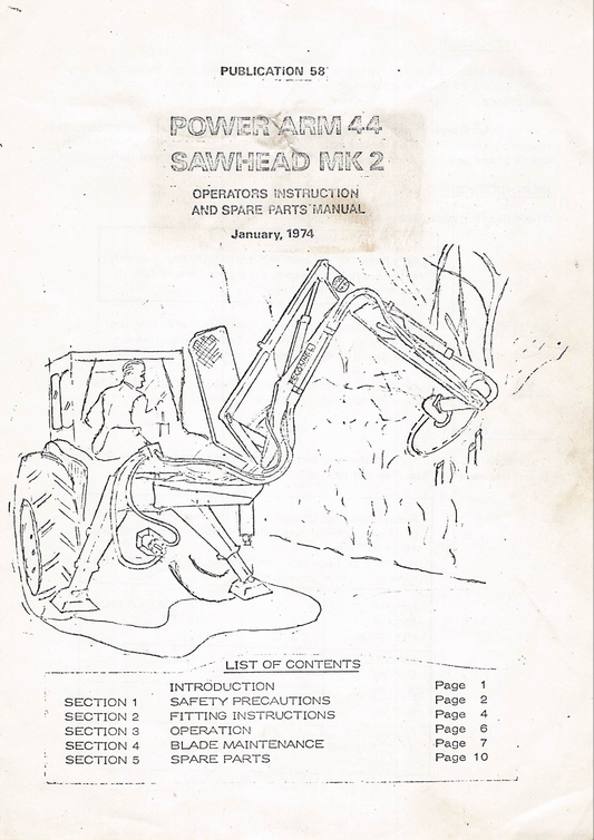 McConnel Power Arm 44 Sawhead Mk2 Operator’s Manual & Spare Parts Guide (1974)
