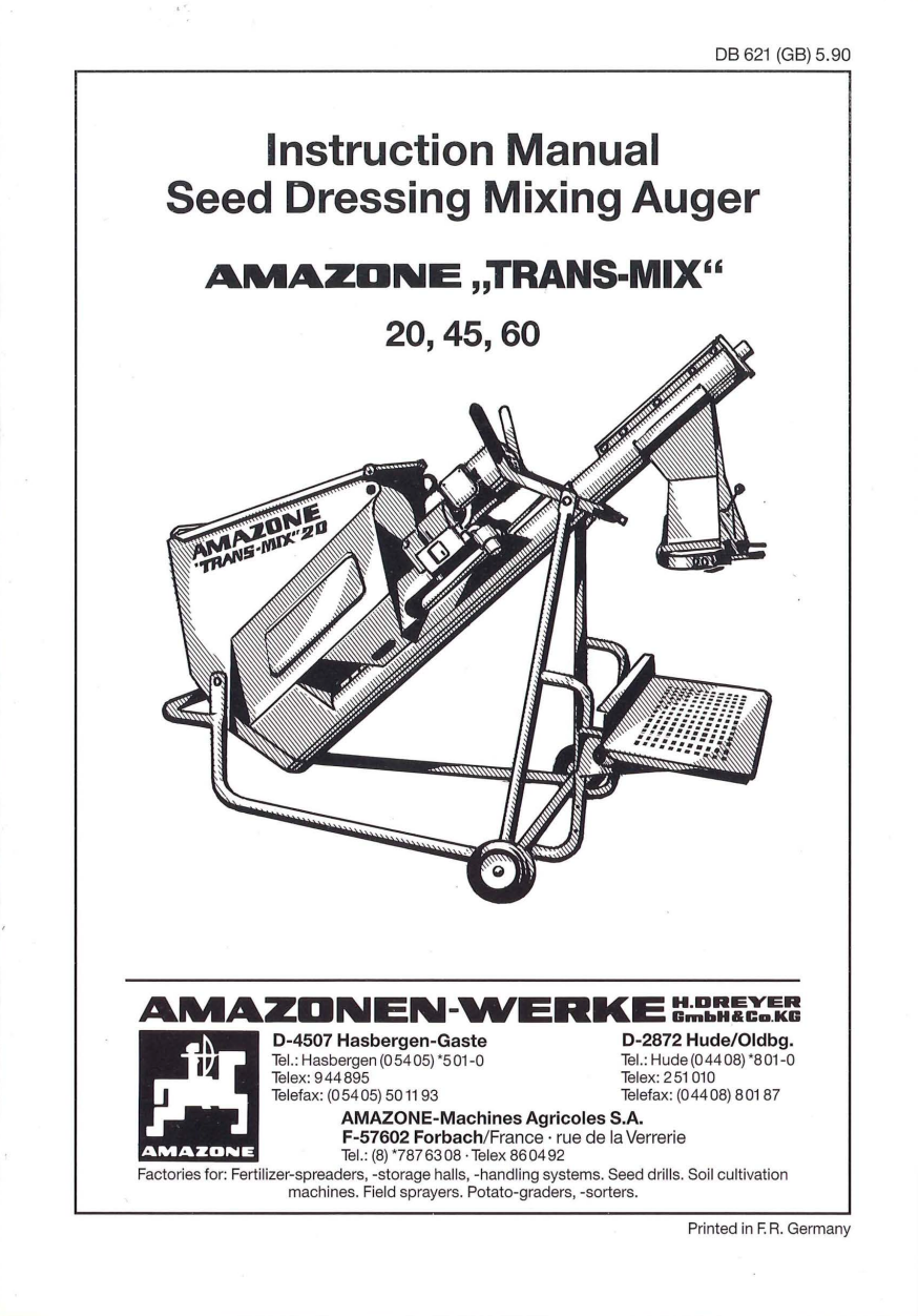 AMAZONE Trans-Mix TM 20 / TM 45 / TM 60 Seed Dressing Mixing Auger Instruction Manual (PDF)