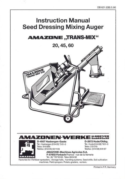 AMAZONE Trans-Mix TM 20 / TM 45 / TM 60 Seed Dressing Mixing Auger Instruction Manual (PDF)